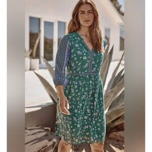 J Jill Green Blue Floral Peasant Ling Sleeve V Neck Boho Dress Size Medium EUC